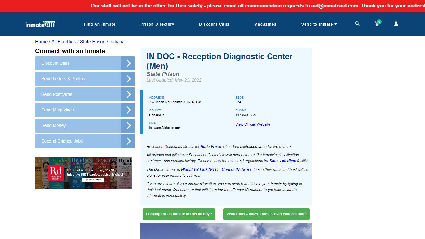 IN DOC - Reception Diagnostic Center (Men) & Inmate Search ...